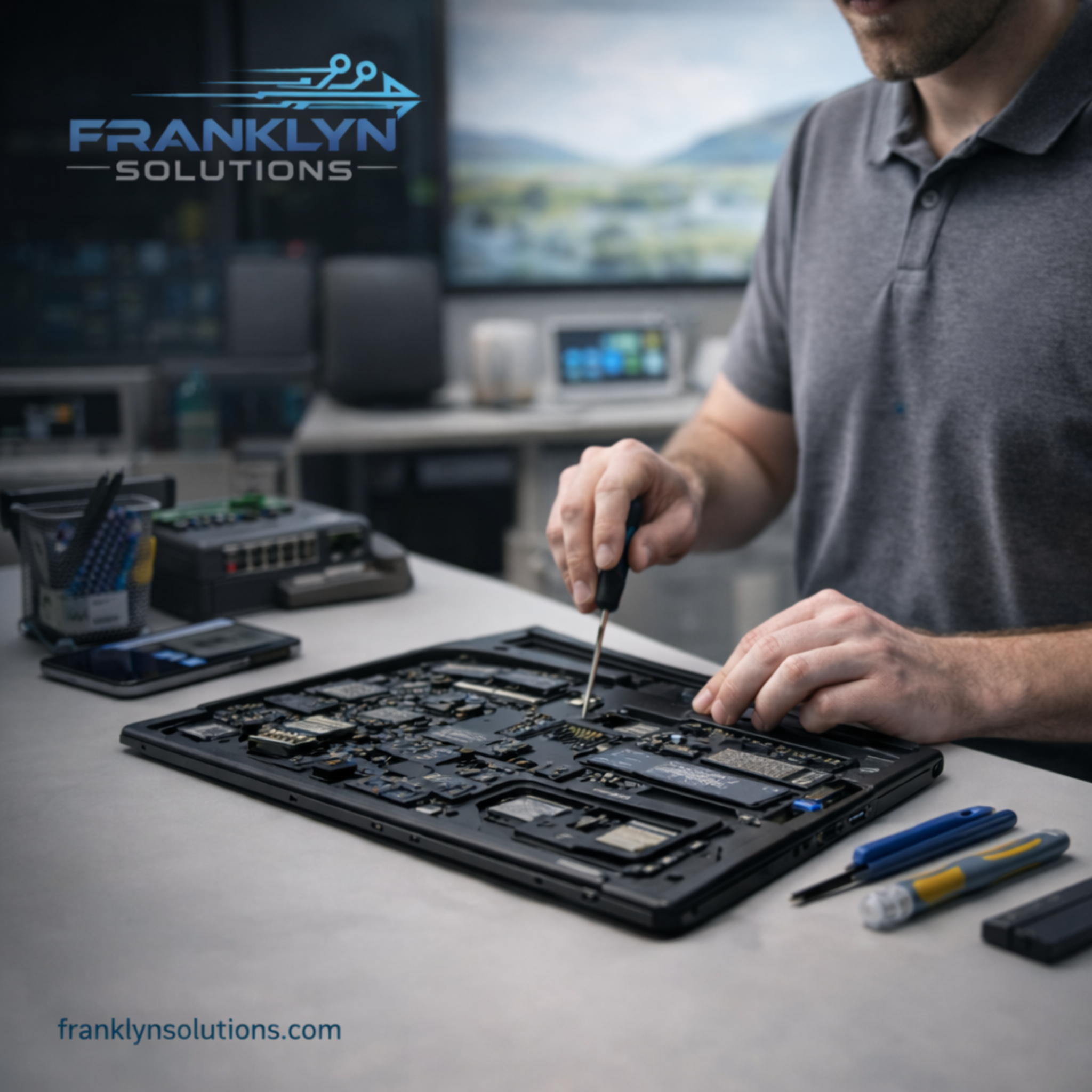 Desktop computer opened on-site for diagnosis and repair